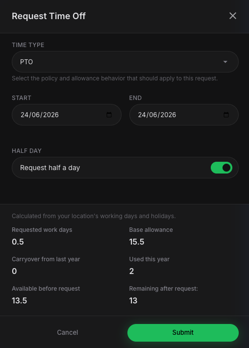 Request time off half day form